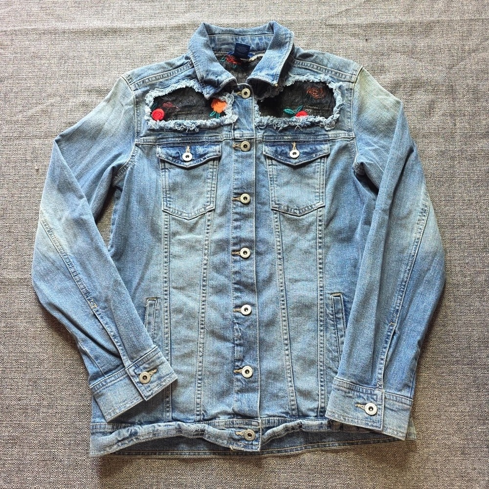 Vintage Small Arizona Jean Co Denim Jacket Black Embroidered Roses Lace Biker